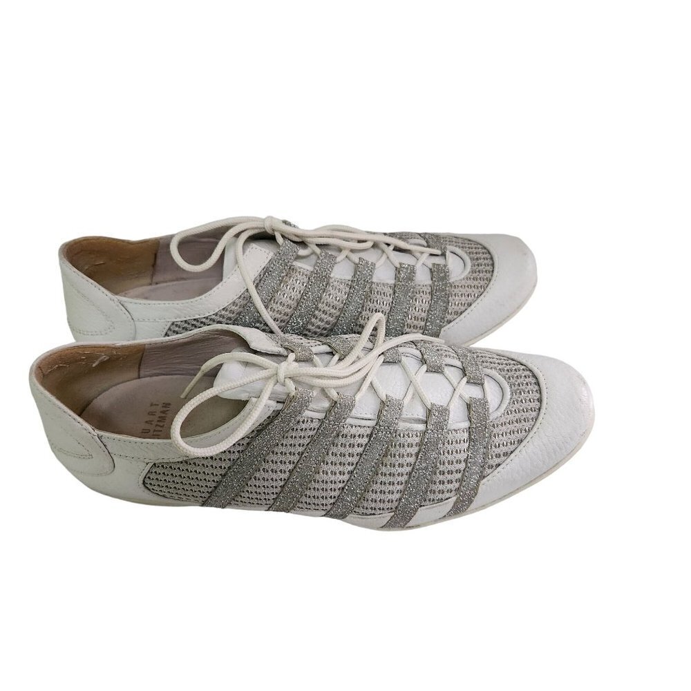 Stuart Weitzman Vintage Y2K Dino White Silver Striped Fashion Sneakers Size 6.5M